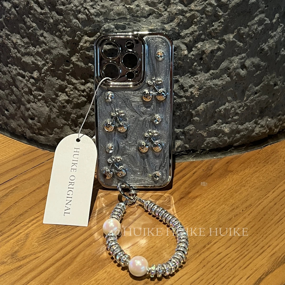 HANDMADE GREY SPARKING Phone Case with Phone Charm Strap
