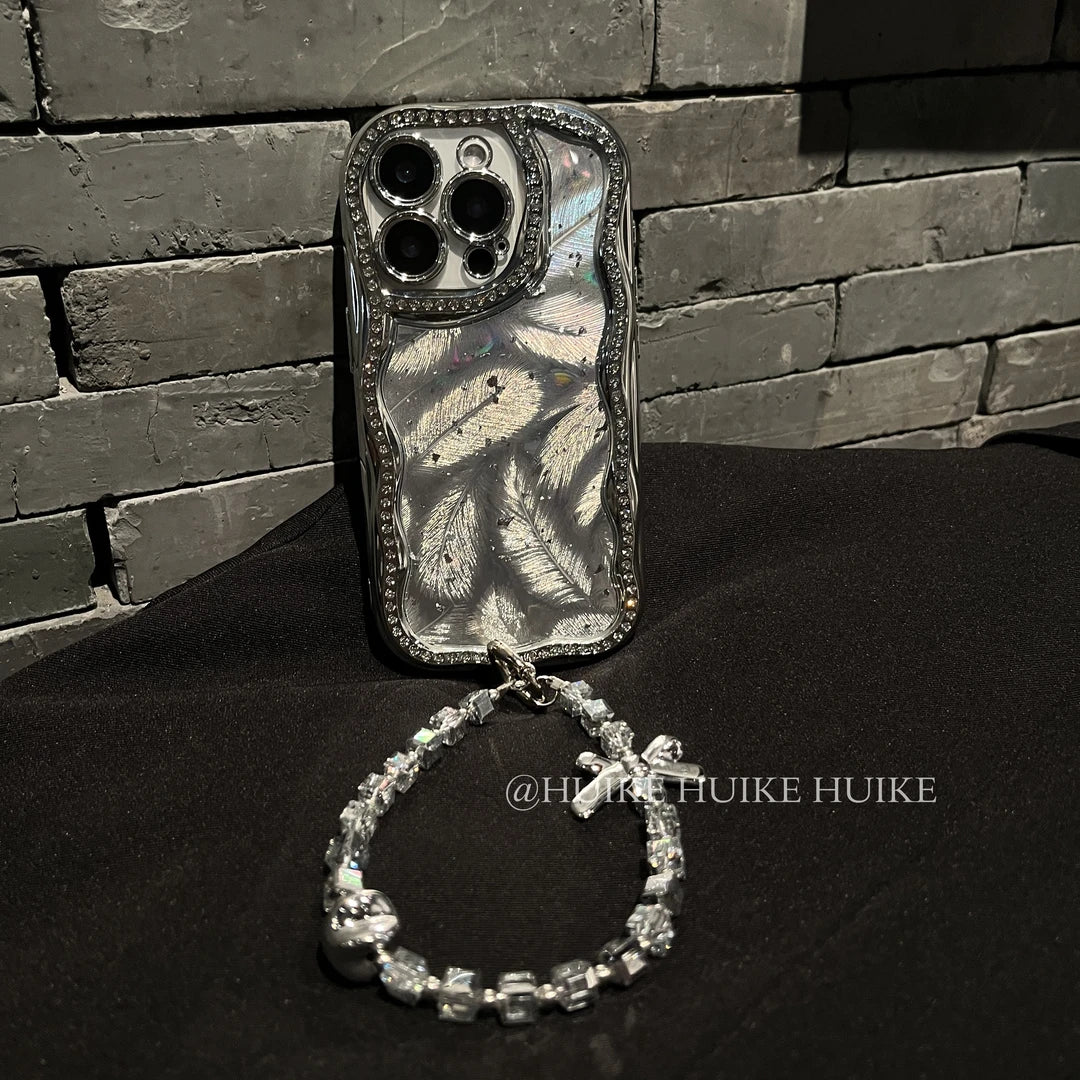 SLIVER FEATHER Sparkling Diamond Phone Case with Phone Charm Strap