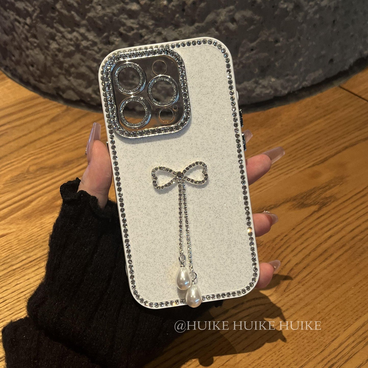 BOW TASSEL Rhinestone Border White Phone Case with Phone Charm Strap
