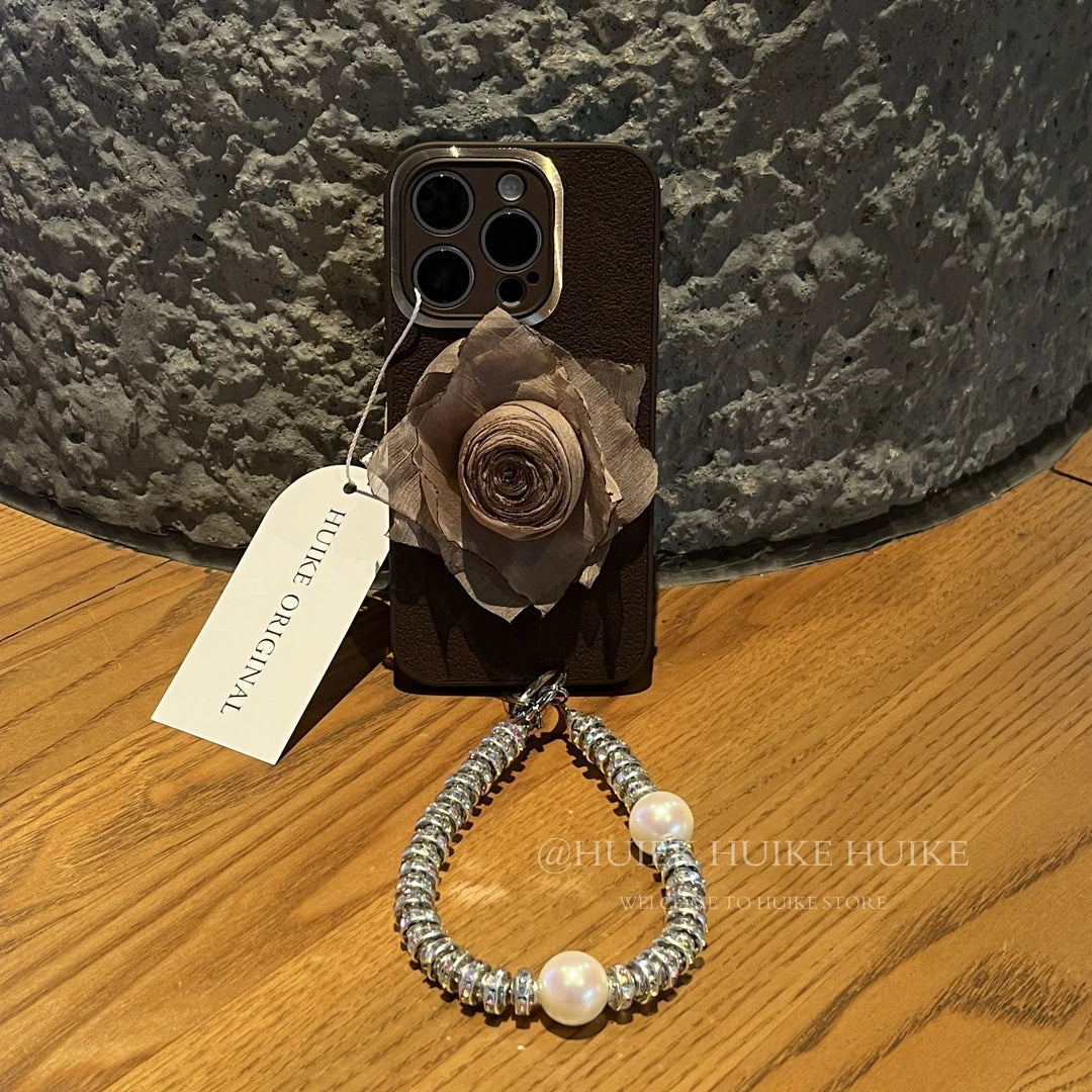 HANDMADE BROWN ROSE Leather Phone Case with Phone Charm Strap