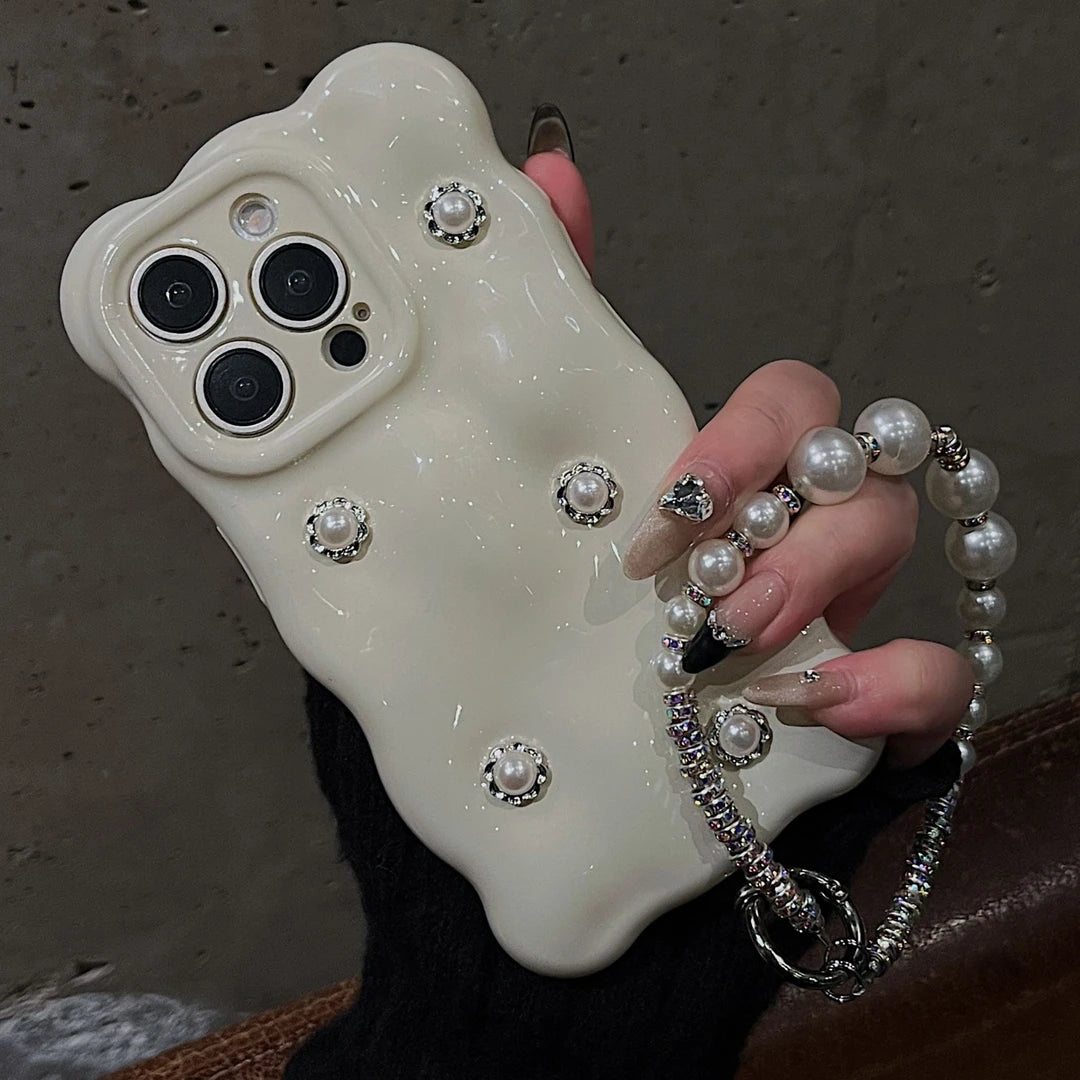 WHITE DIY PEARL Phone Case with Phone Charm Strap