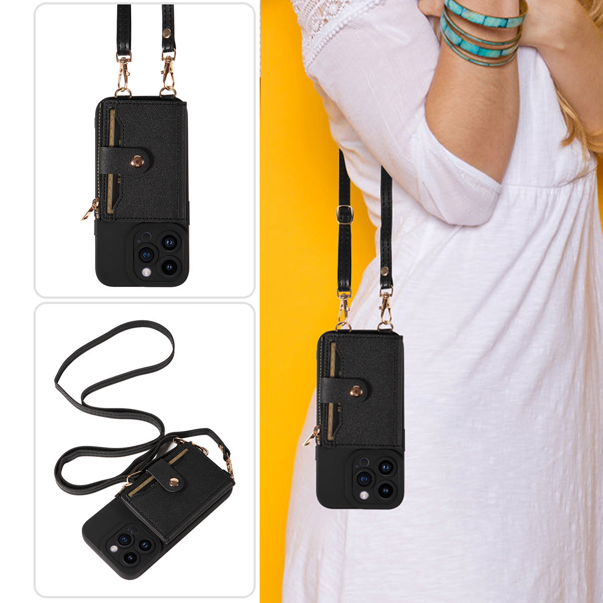 LEATHER CARD SLEEVE Crossbody Phone Case with Phone Charm Strap