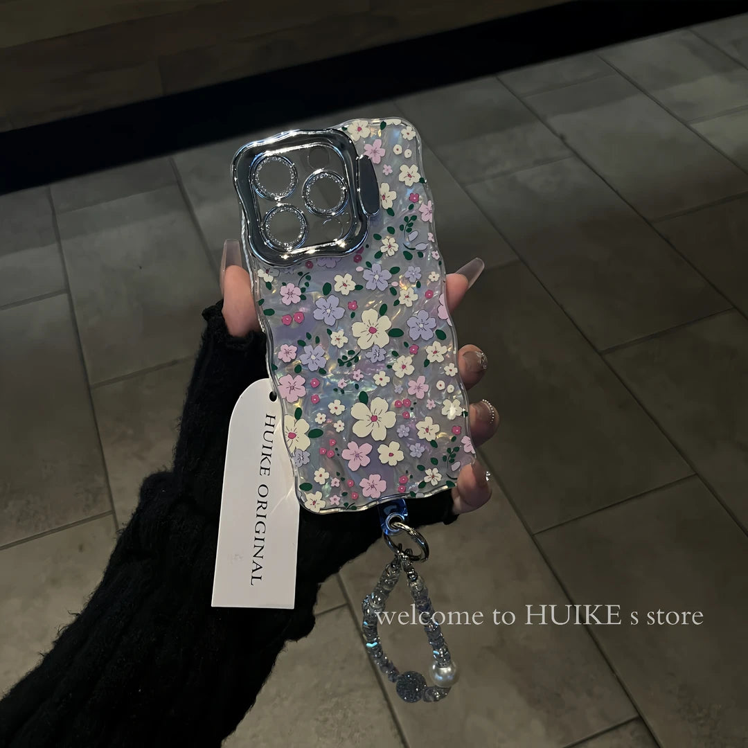 COLORFUL FLOWERS Pearly Transparent Bracket Phone Case with Phone Charm Strap