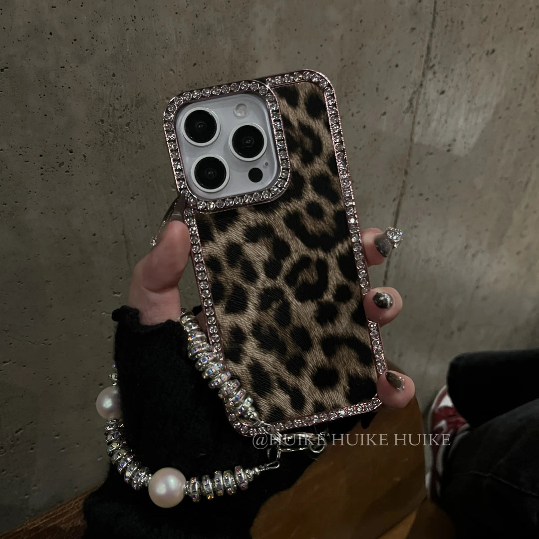 LEOPARD PRINT Sparkling Diamond Phone Case with Phone Charm Strap