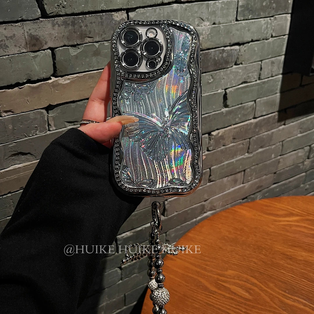 AURORA BUTTERFLY Sparkling Diamond Shining Glitter Phone Case with Phone Charm Strap