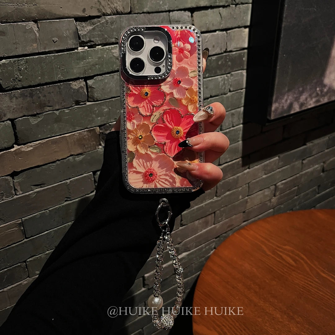 OIL PAINTING FLOWERS Rhinestone Border Phone Case with Phone Charm Strap