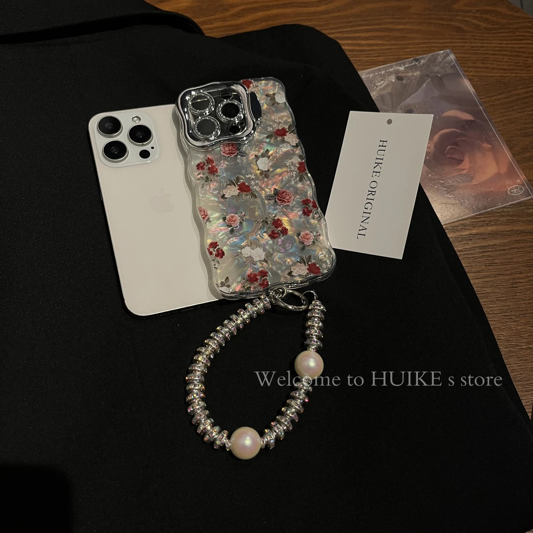 RED ROSES Pearly Transparent Phone Case with Phone Charm Strap