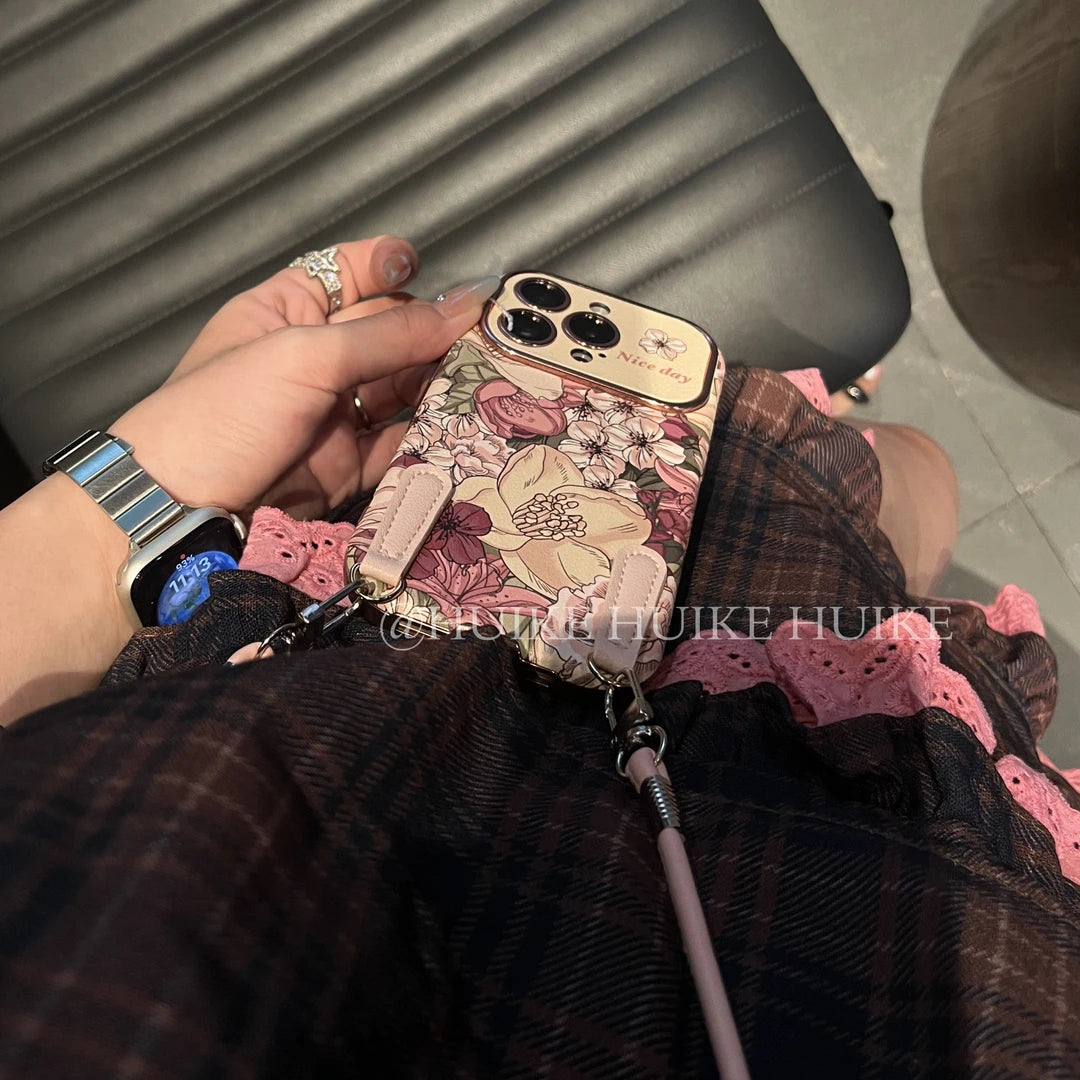 Retro flower Phone Case with Phone Charm Strap,Compatible for iphone 17