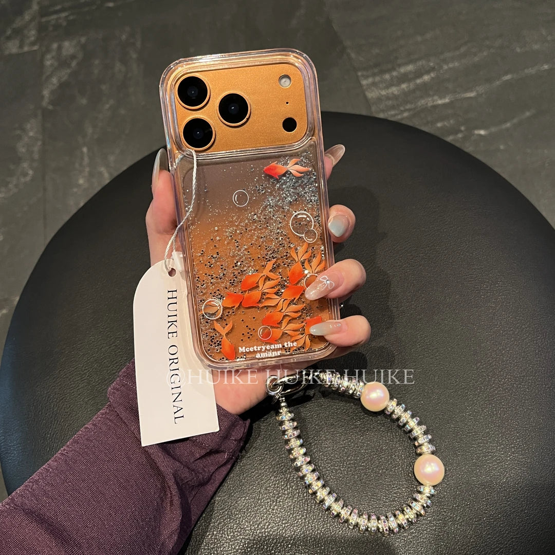 Transparent Water Flowing Goldfish Phone Case with Phone Charm Strap,Compatible for iphone 17