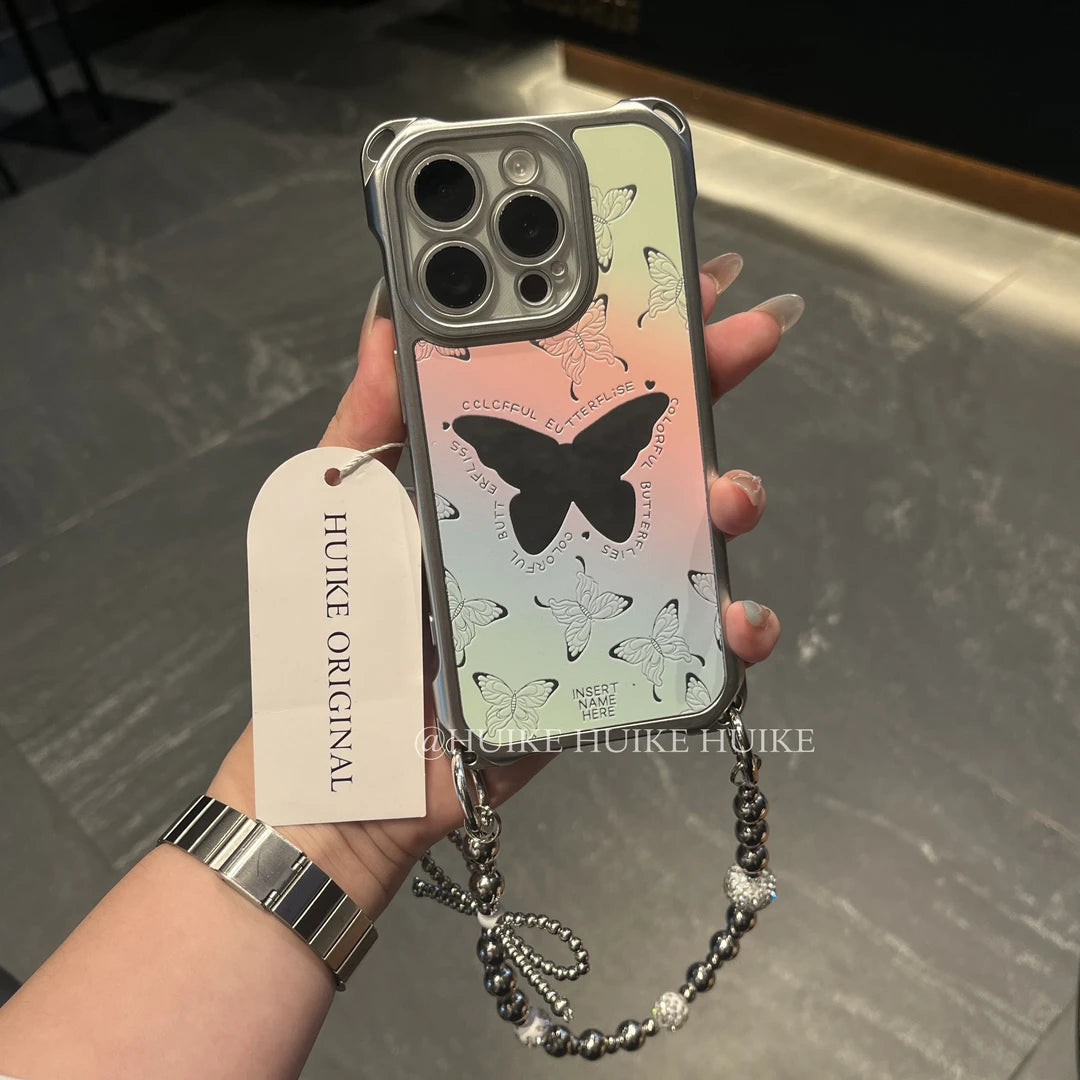 Color Gradient Butterfly Mirror Phone Case with Phone Charm Strap