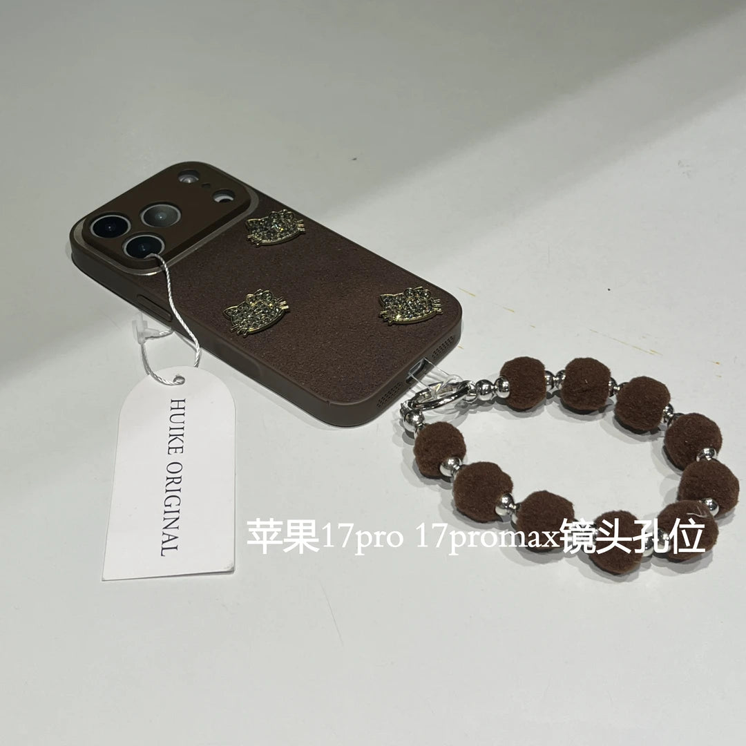 Brown Leather-Kitty Phone Case with Phone Charm Strap,Compatible for iphone 17