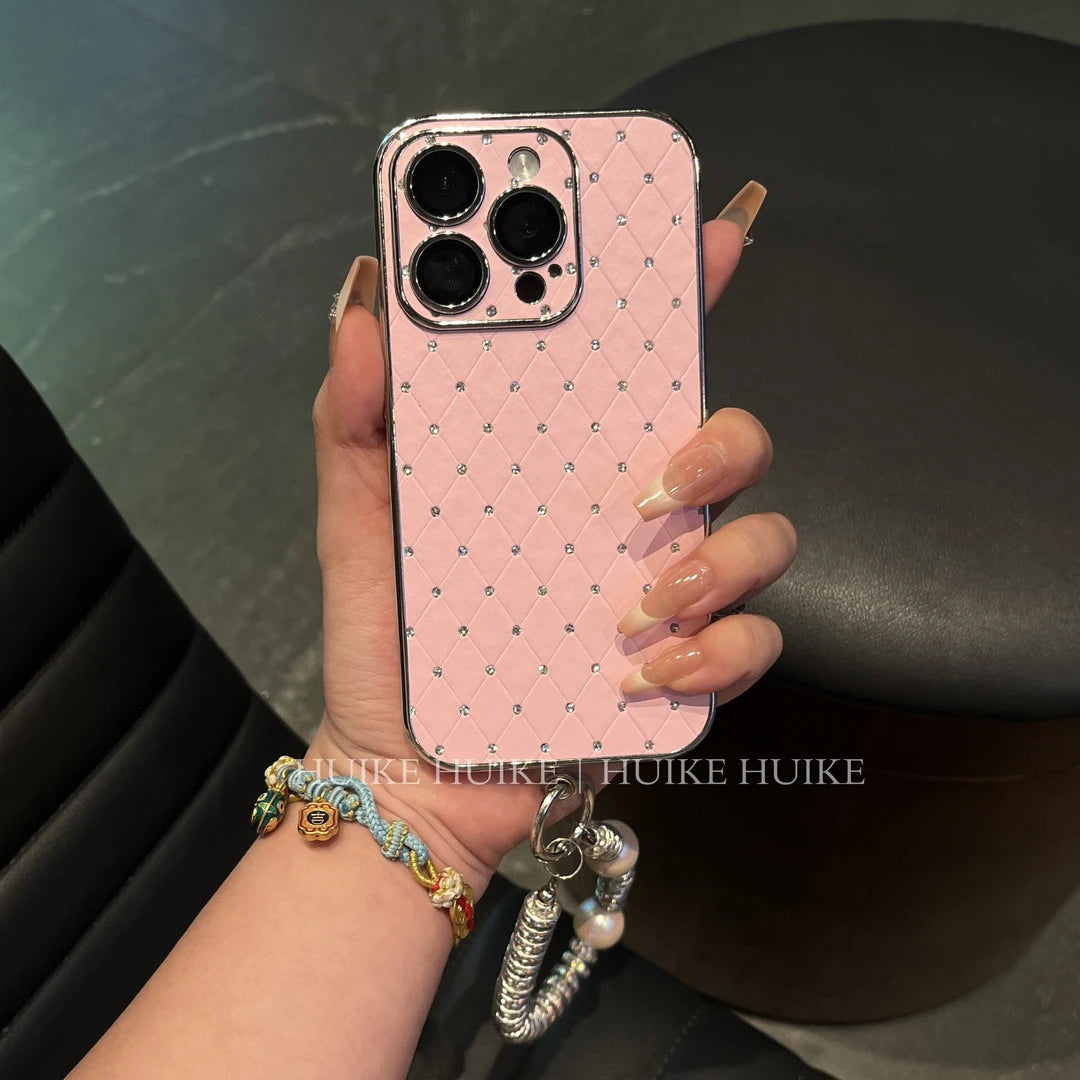 Leather Studded Diamond Phone Case with Phone Charm Strap