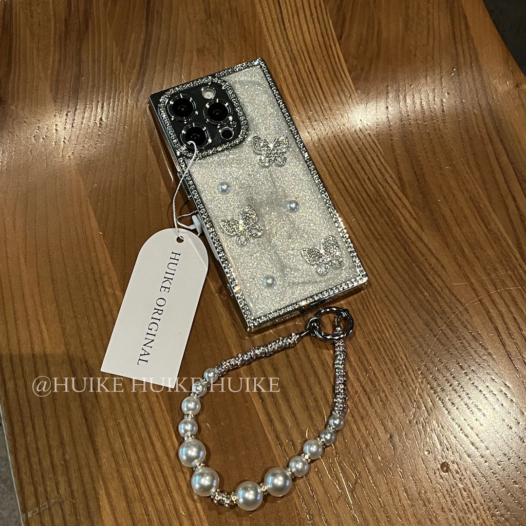 RHINESTONE GLITTER BUTTERFLY Pearl Phone Case with Phone Charm Strap
