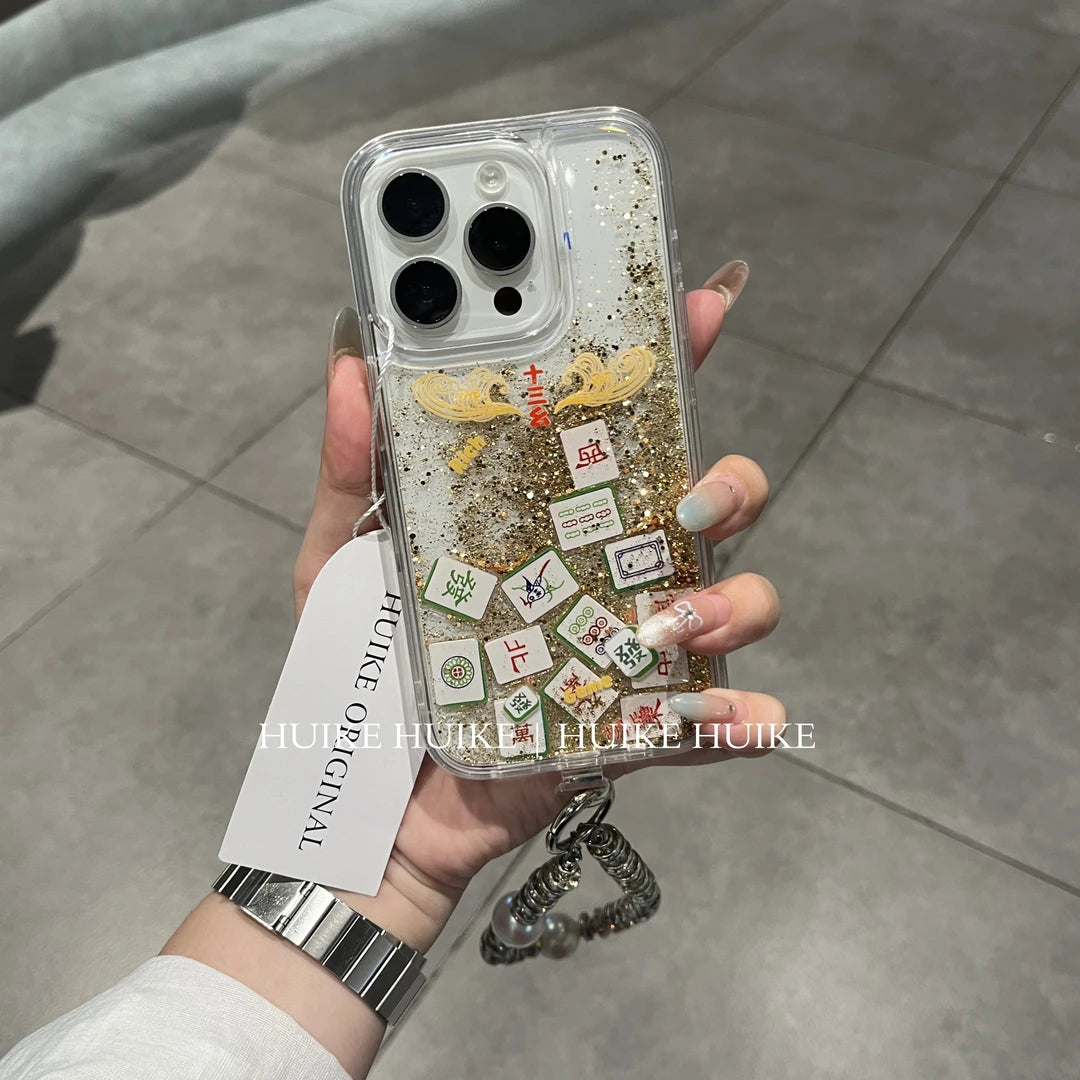 Shimmering Gold Mahjong Phone Case with Phone Charm Strap,Compatible for iphone 17