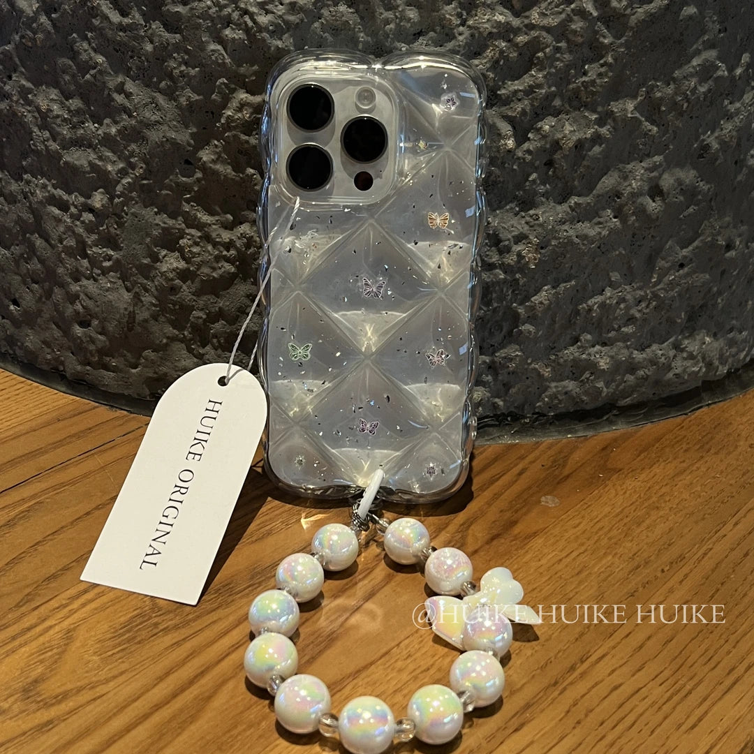 TRANSPARENT BUTTERFLY Diamond Grid Phone Case with Phone Charm Strap