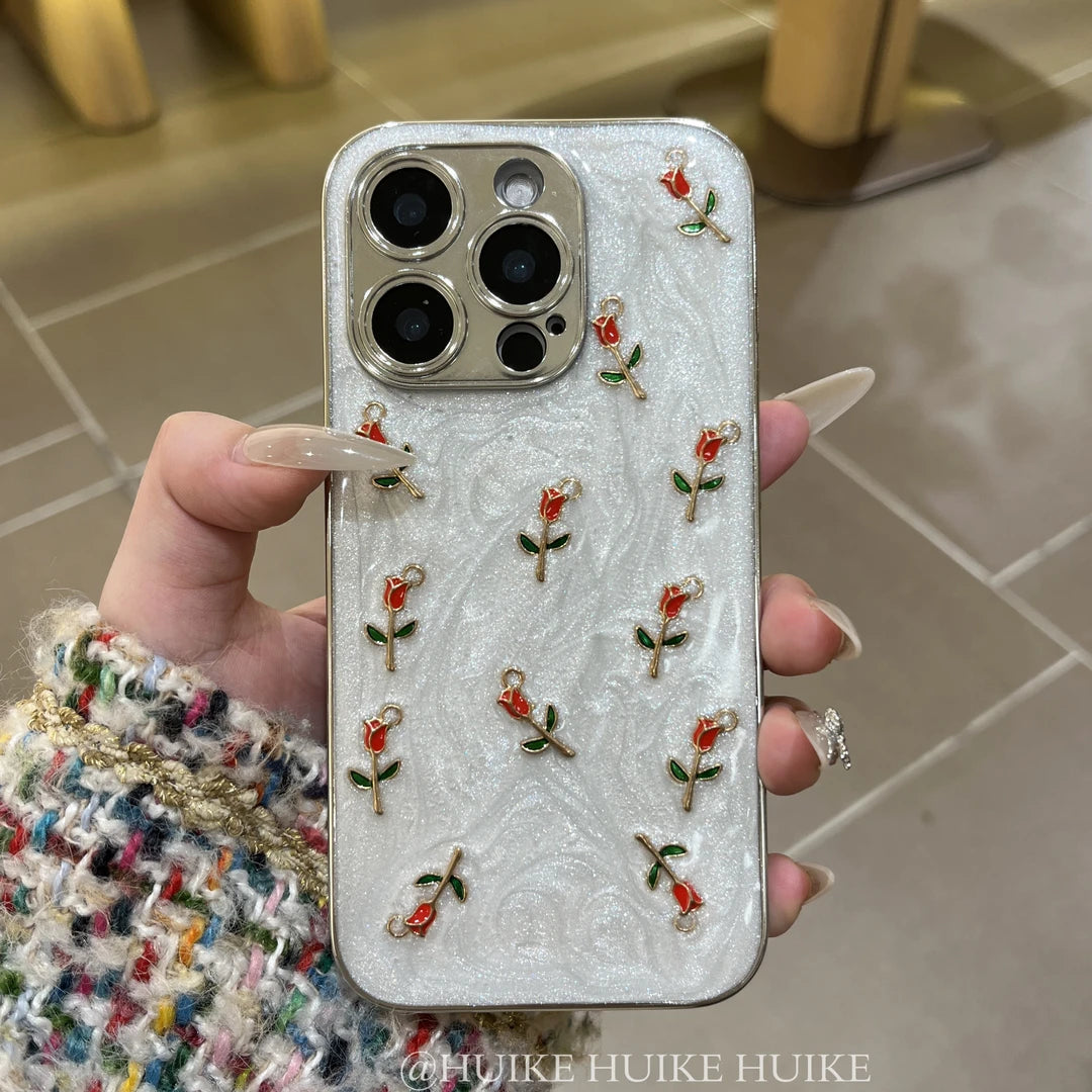 RED ROSES Drip Glue Fine Glitter Phone Case with Phone Charm Strap