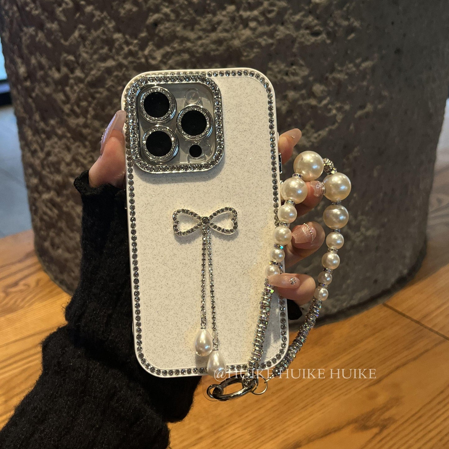 BOW TASSEL Rhinestone Border White Phone Case with Phone Charm Strap