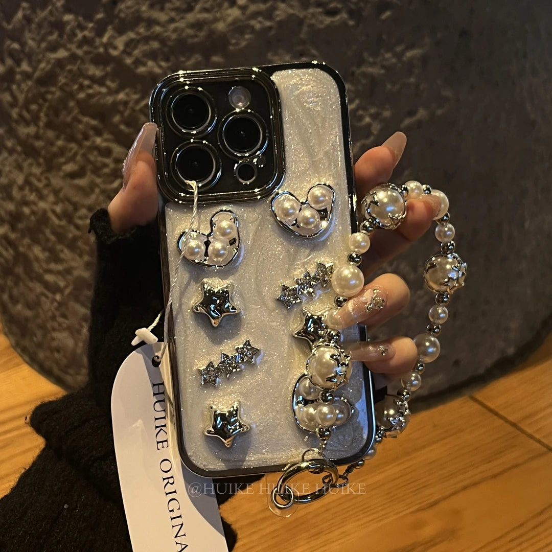 WHITE LOVE HEART STAR Phone Case with Phone Charm Strap