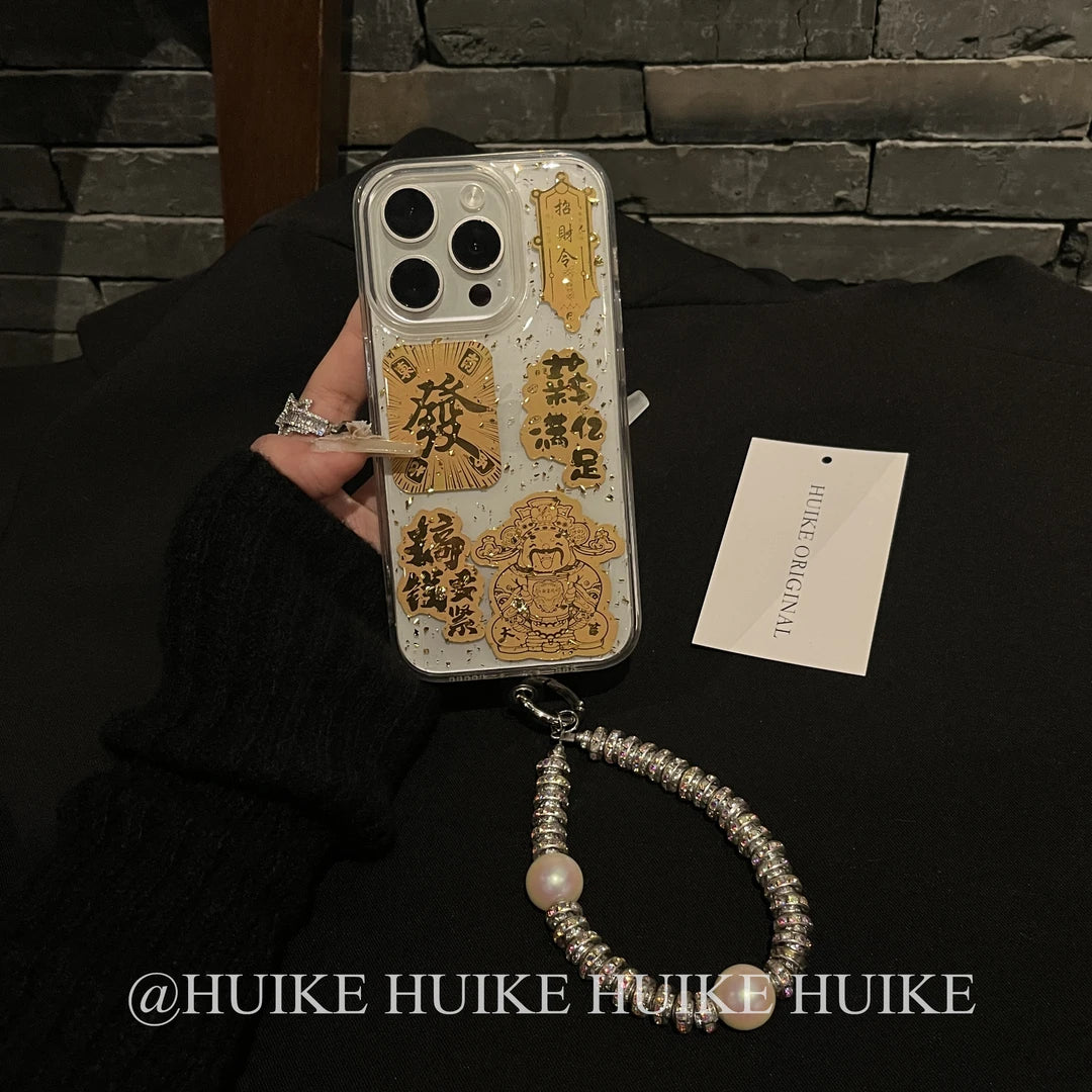 Chinese Style God Of Wealth Phone Case with Phone Charm Strap,Compatible for iphone 17