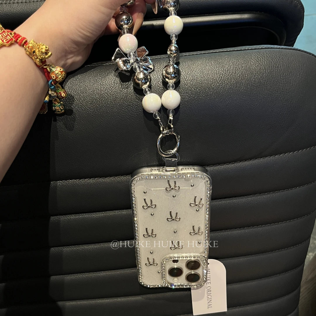 HANDMADE SLIVER BOW Transparent Drop Glue phone case with Phone Charm Strap