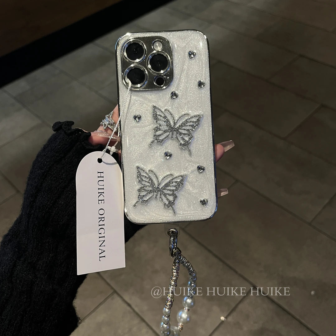 SLIVER BUTTERFLY Drip Glue Fine Glitter Phone Case with Phone Charm Strap