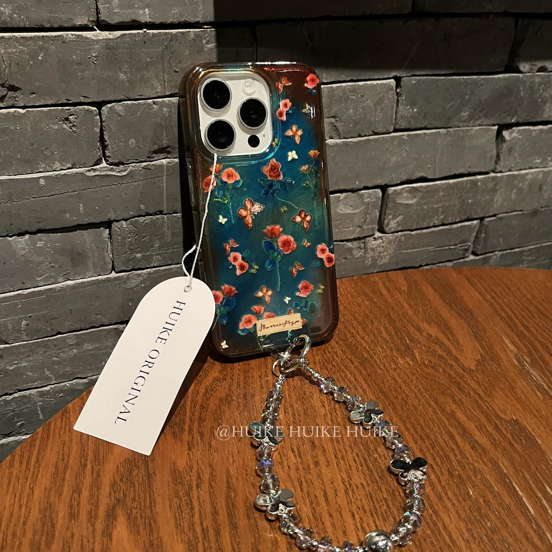 VINTAGE Blue Oil Painting Flower &Butterfly Phone Case with Phone Charm Strap