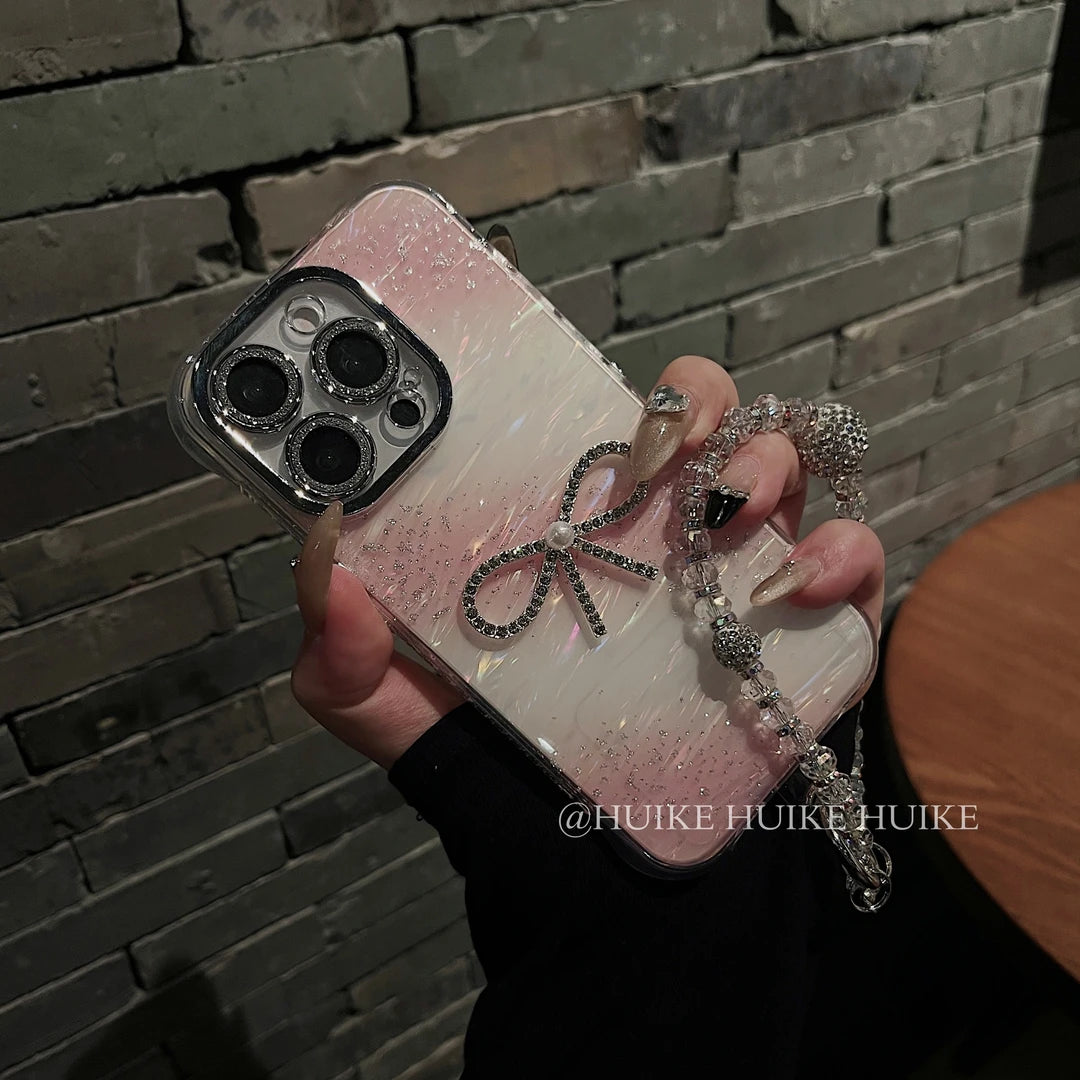 DIAMOND BOW Shell Pattern Phone Case with Phone Charm Strap