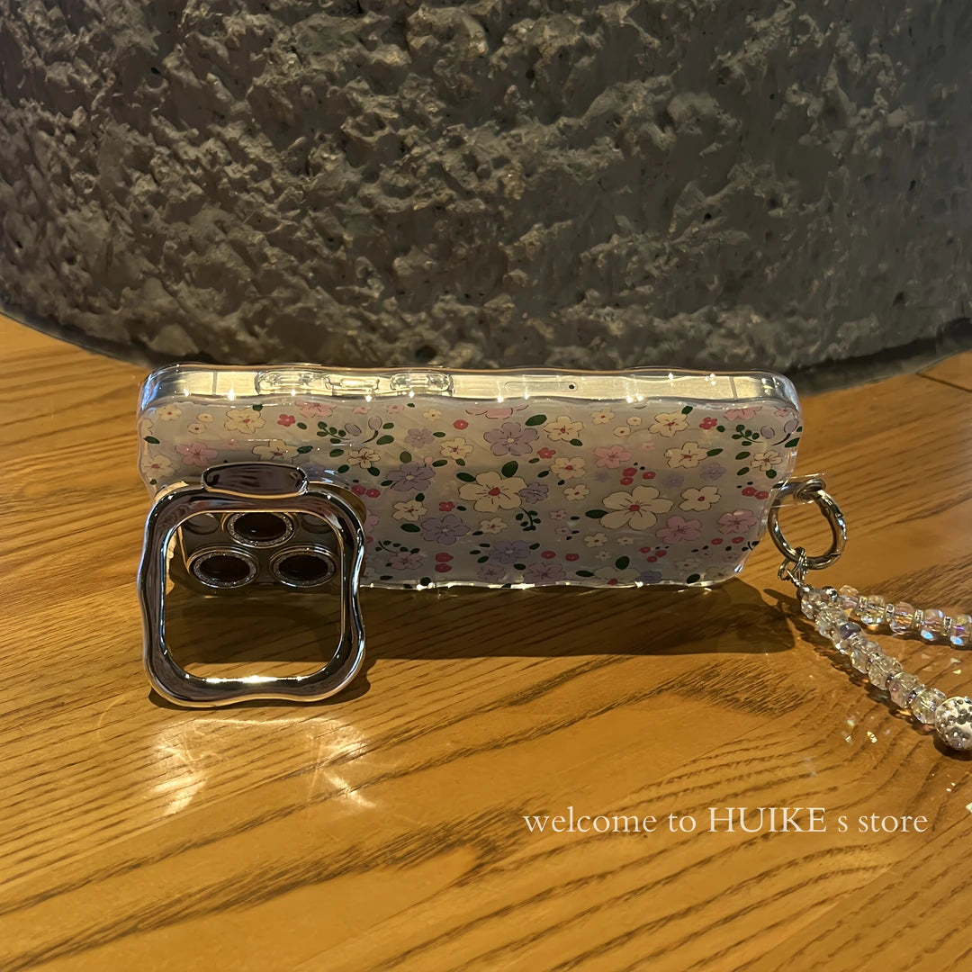 COLORFUL FLOWERS Pearly Transparent Bracket Phone Case with Phone Charm Strap