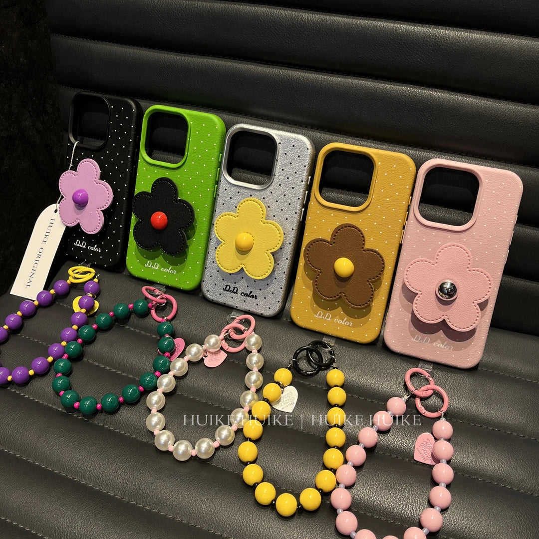SUMMER FIOWER HOLDER Leather Phone Case with Phone Charm Strap