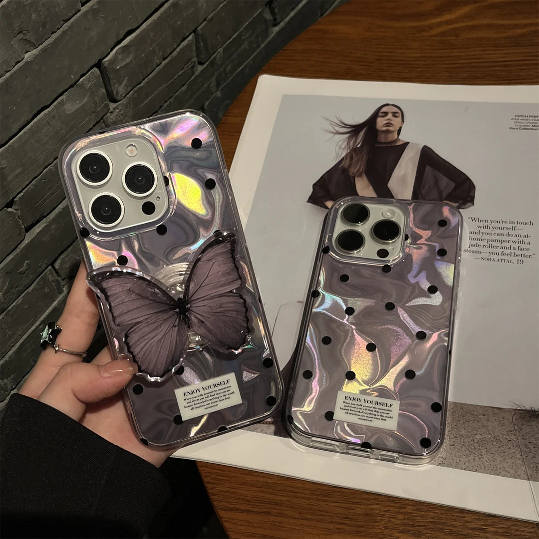 PURPLE BUTTERFLY Wave Point Phone Case with Phone Charm Strap