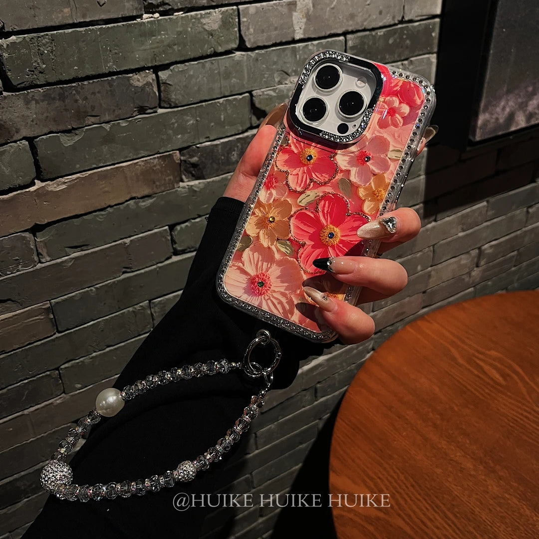 OIL PAINTING FLOWERS Rhinestone Border Phone Case with Phone Charm Strap