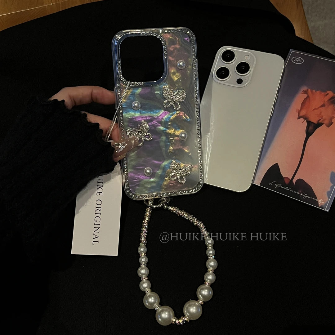 RHINESTONE BUTTERFLY Pearly Transparent Phone Case with Phone Charm Strap