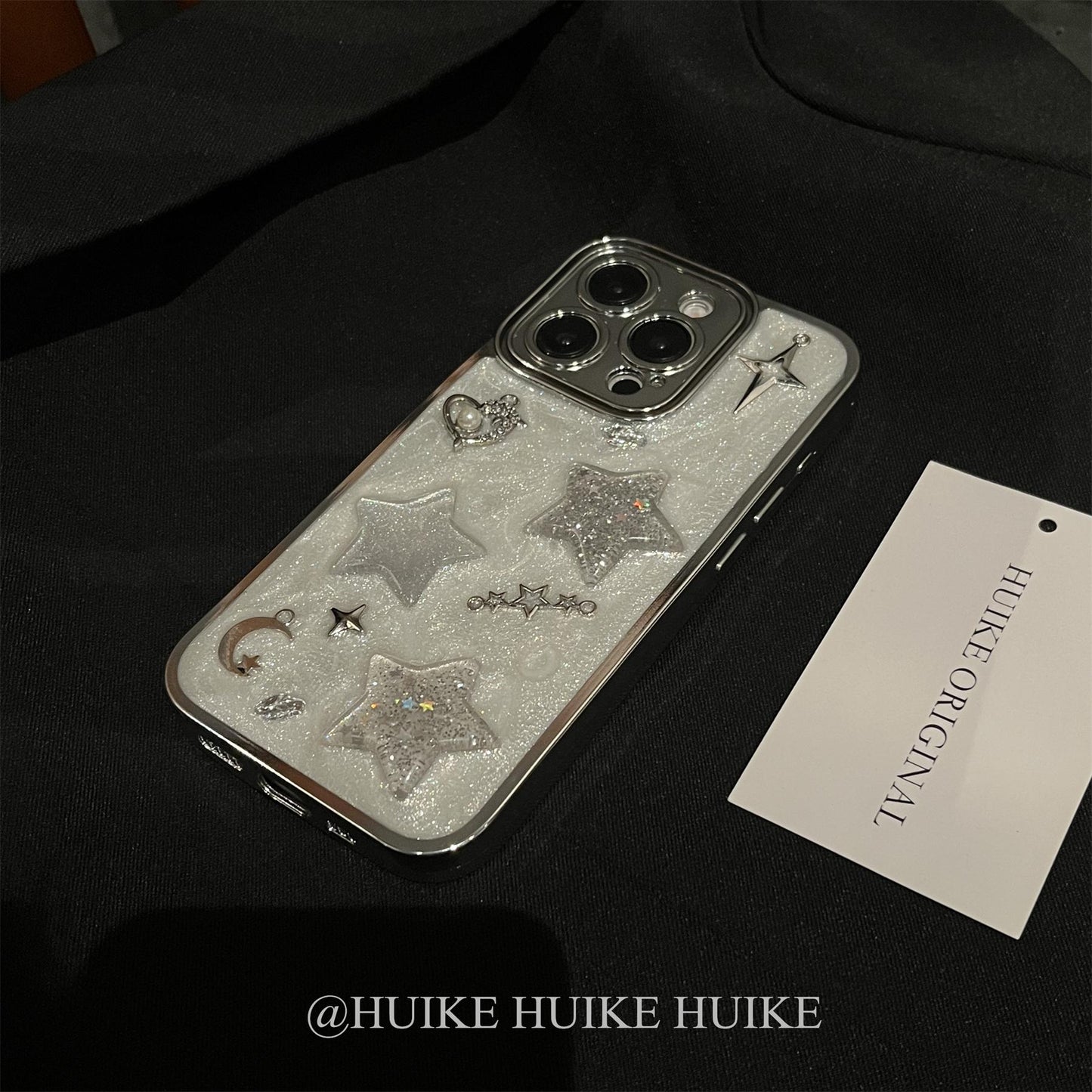 HANDMADE SILVER SHIMMERING STARS Phone Case with Phone Charm Strap