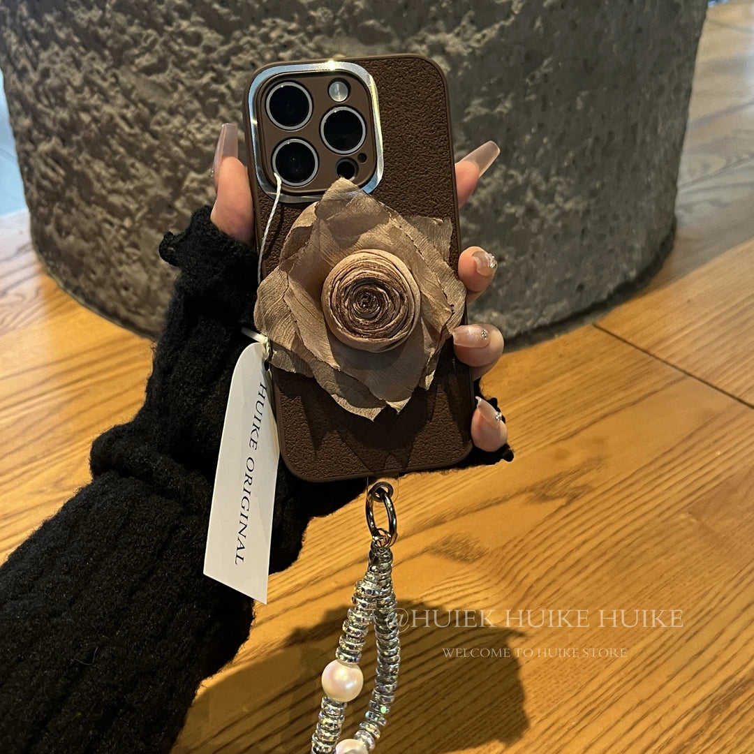 HANDMADE BROWN ROSE Leather Phone Case with Phone Charm Strap