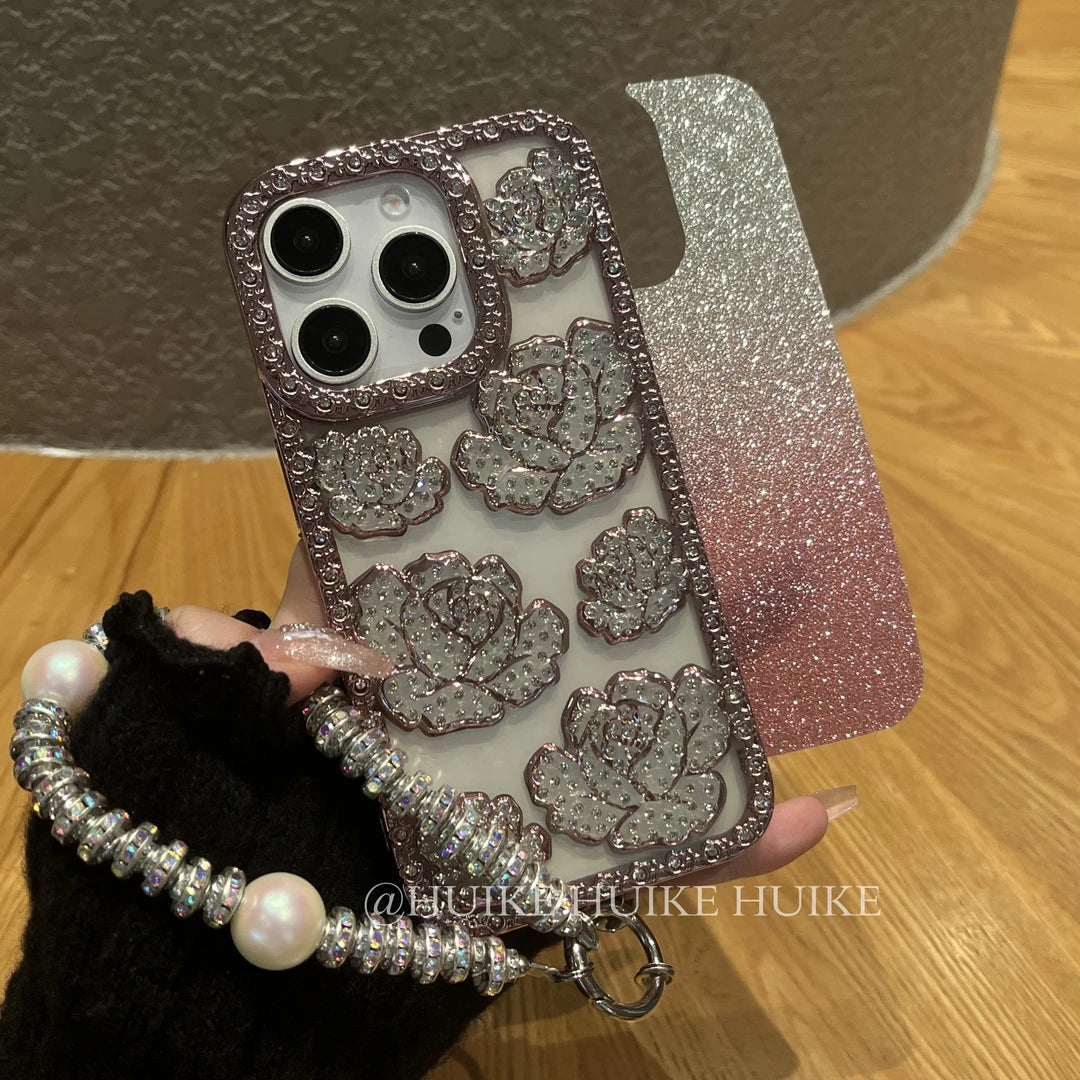 SPARKLING DIAMOND ROSE Gradient Phone Case with Phone Charm Strap