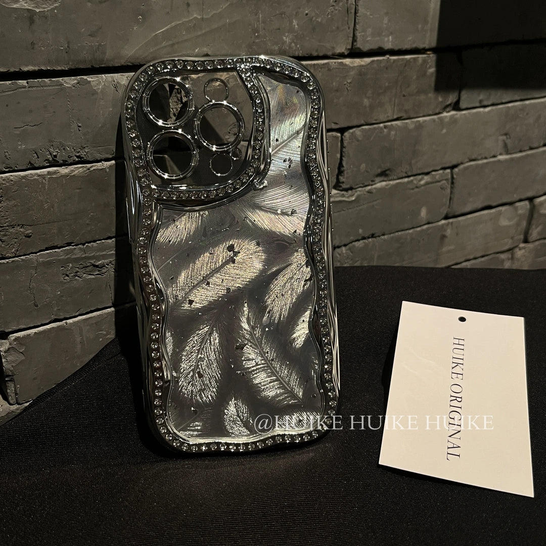 SLIVER FEATHER Sparkling Diamond Phone Case with Phone Charm Strap