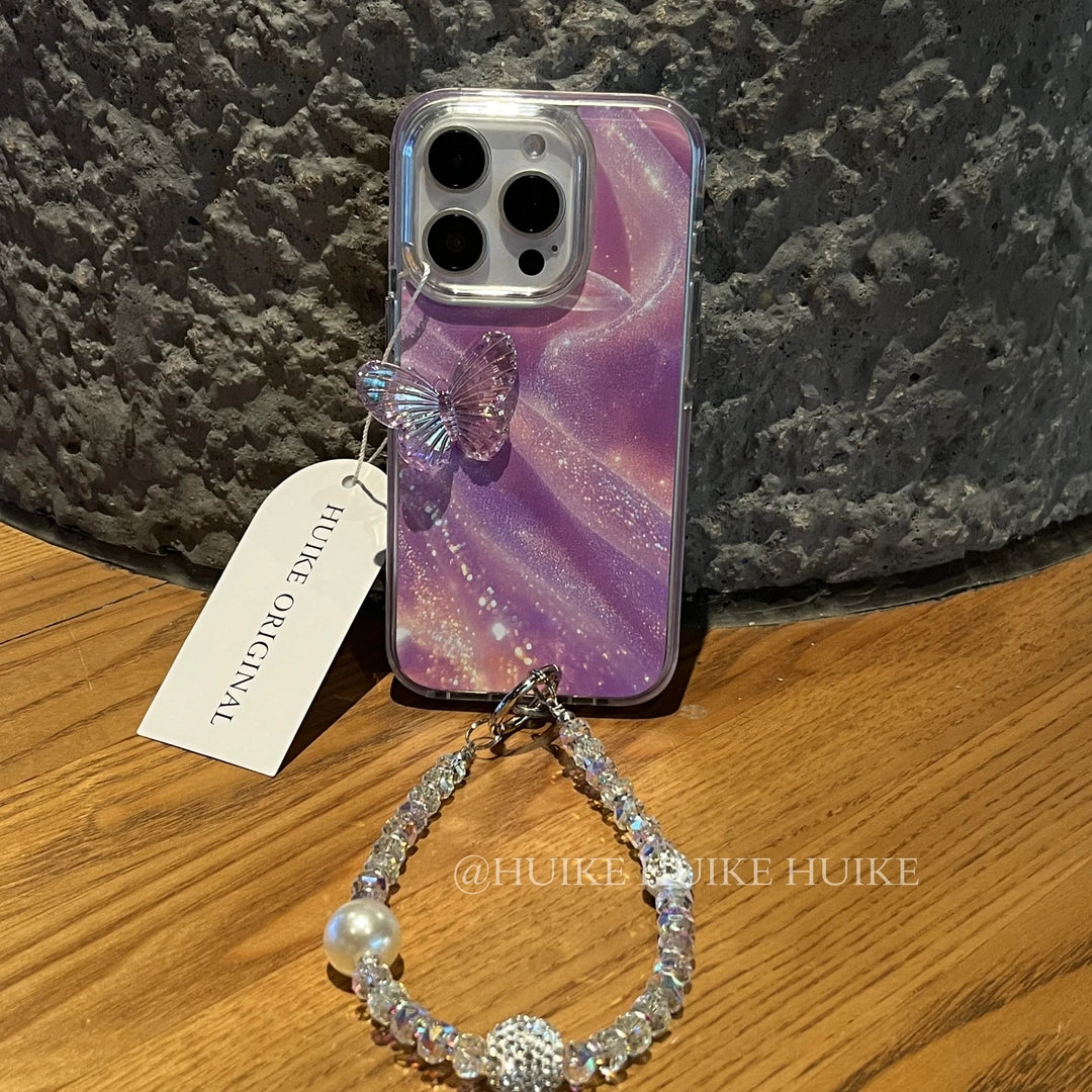 PURPLE TRANSPARTENT BUTTERFLY Phone Case with Phone Charm Strap