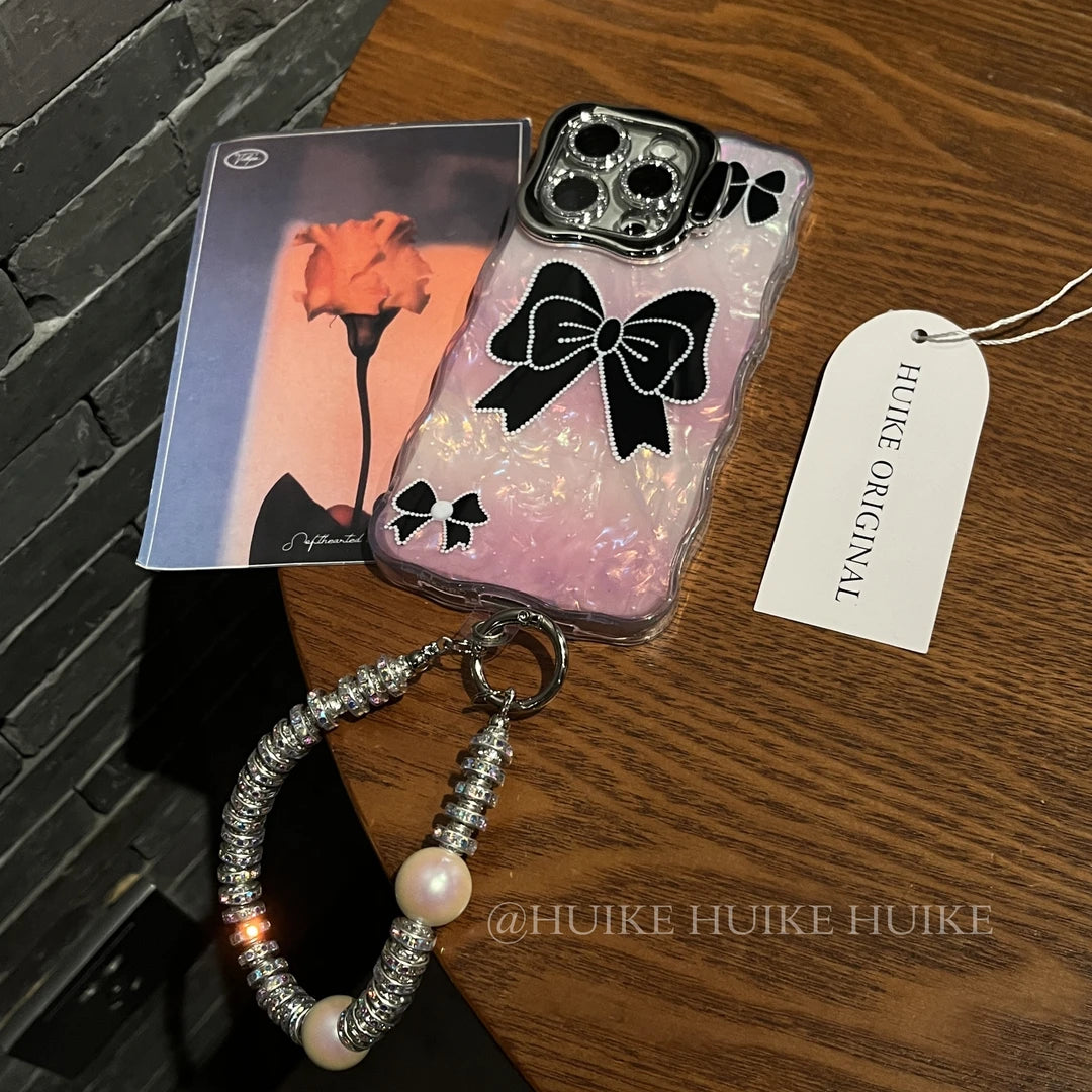BLACK BOW Pink Shell Pattern phone case with Phone Charm Strap