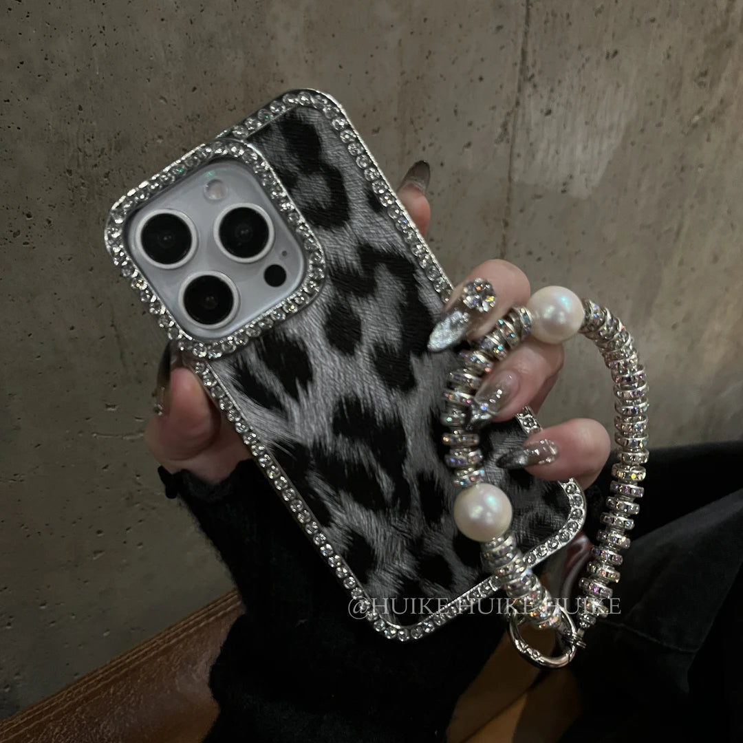 LEOPARD PRINT Sparkling Diamond Phone Case with Phone Charm Strap