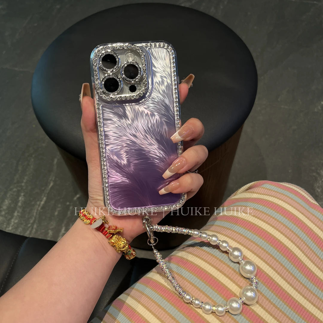 Diamond Studded Feather Phone Case with Phone Charm Strap
