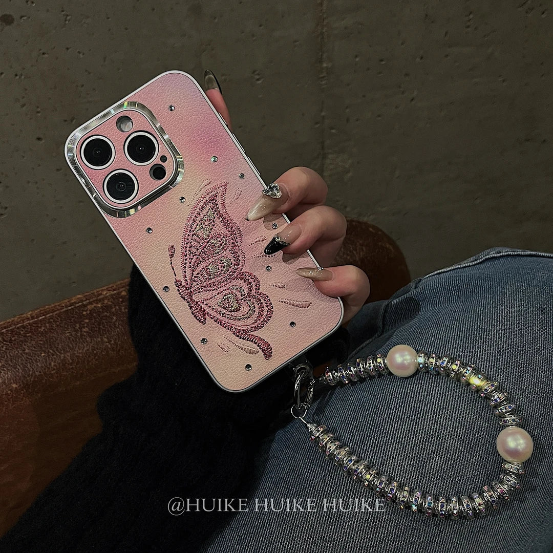 HANDMADE PINK EMBROIDERED Half Butterfly Phone Case with Phone Charm Strap