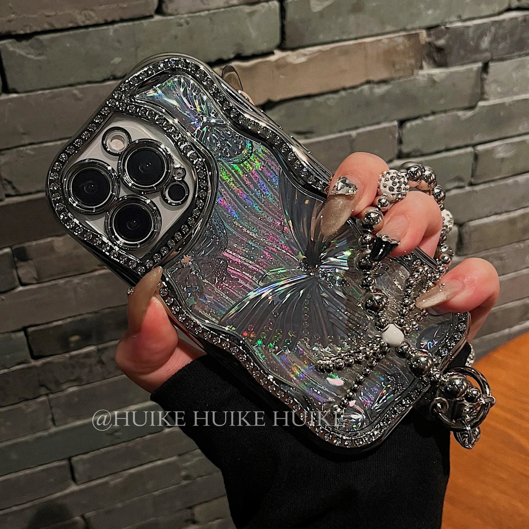 AURORA BUTTERFLY Sparkling Diamond Shining Glitter Phone Case with Phone Charm Strap