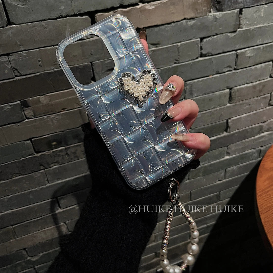 PEARL HEART Slivery Laser phone case with Phone Charm Strap