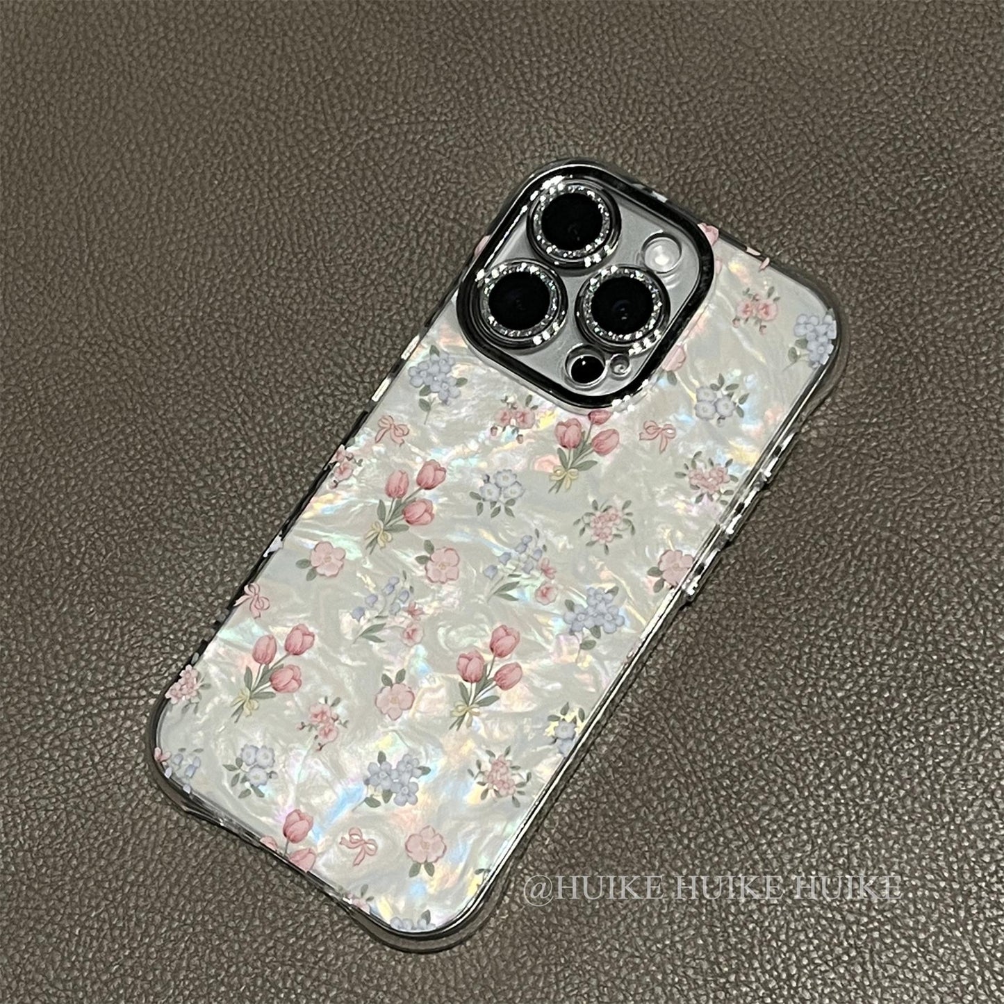 PINK ROSES Pearly Transparent Phone Case with Phone Charm Strap