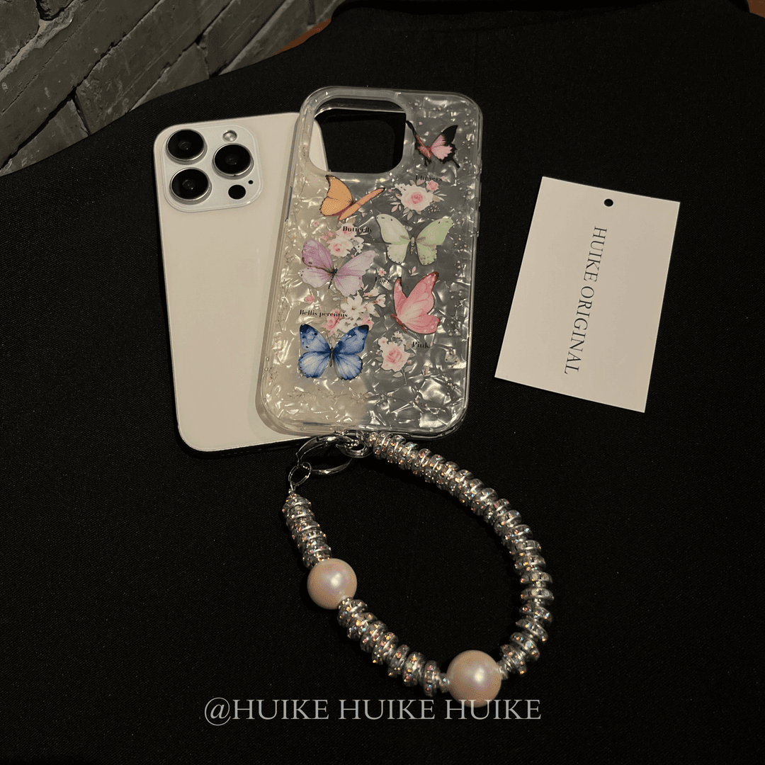 COLORFUL BUTTERFLY Pearls Transparent Phone Case with Phone Charm Strap