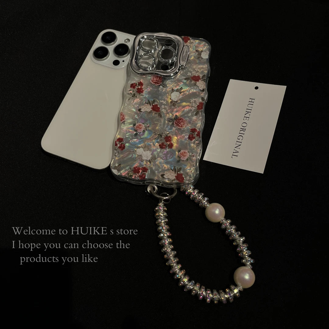 RED ROSES Pearly Transparent Phone Case with Phone Charm Strap