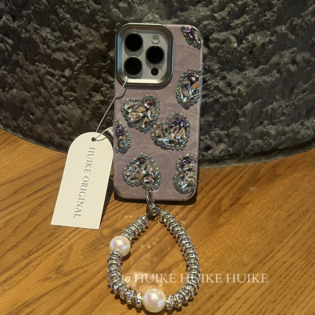 HEART-SHAPED Rhinestone Phone Case with Phone Charm Strap