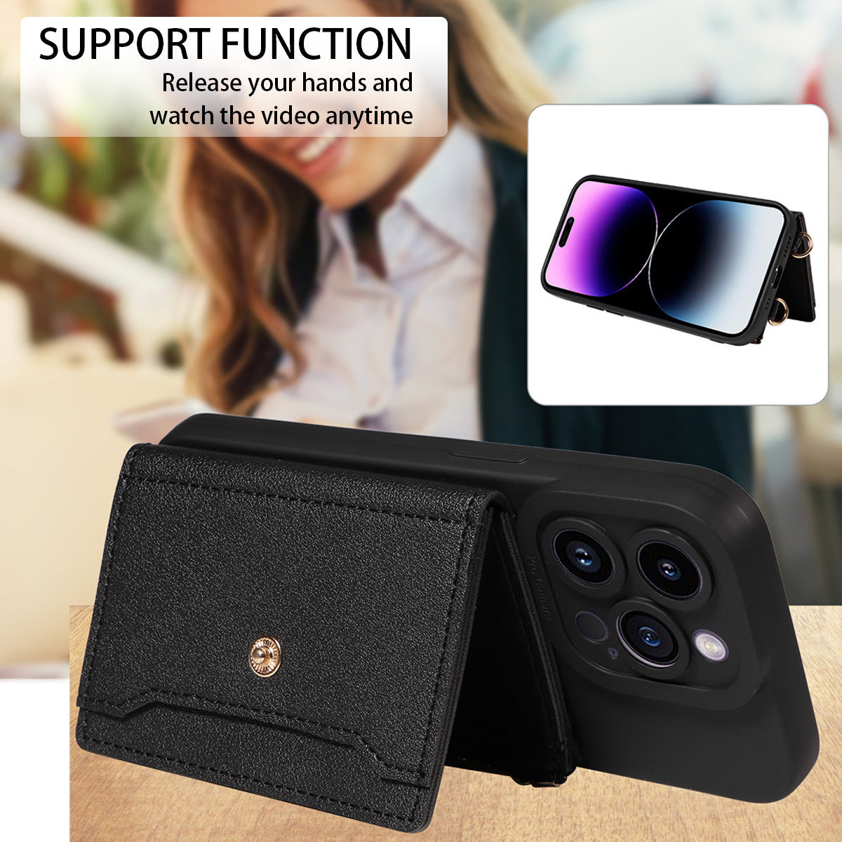 LEATHER CARD SLEEVE Crossbody Phone Case with Phone Charm Strap