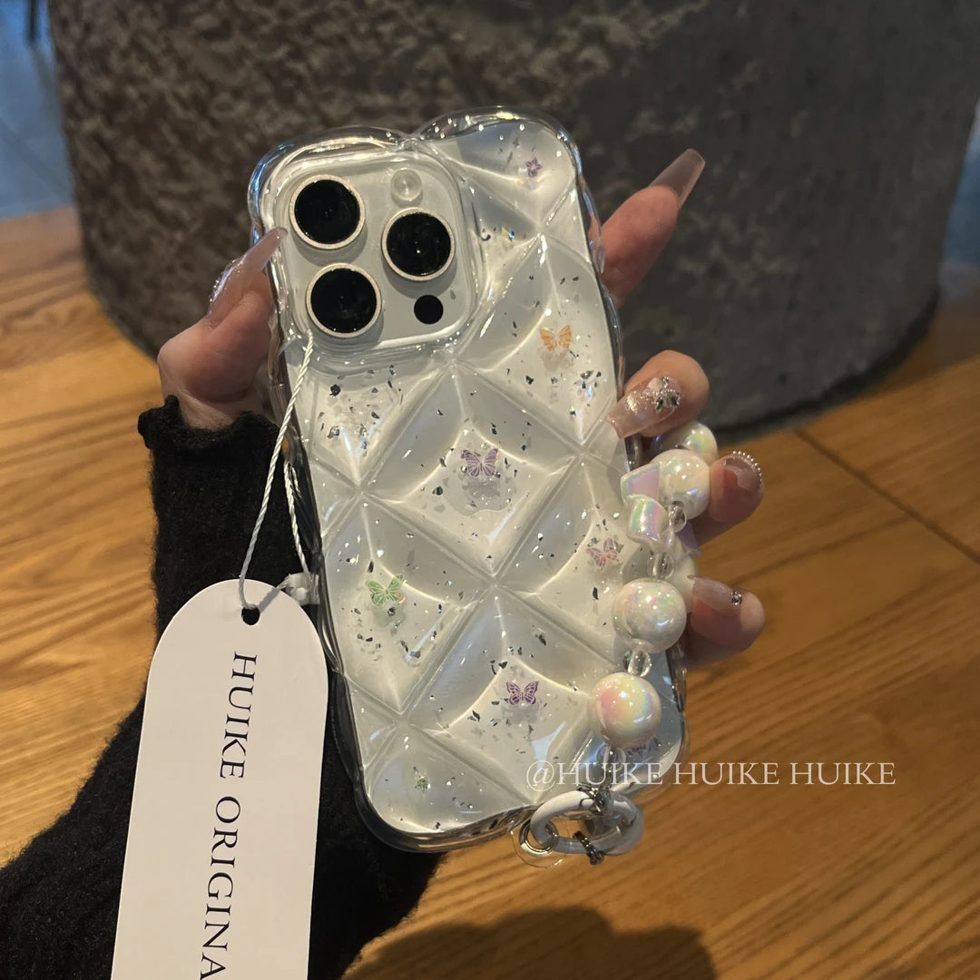 TRANSPARENT BUTTERFLY Diamond Grid Phone Case with Phone Charm Strap