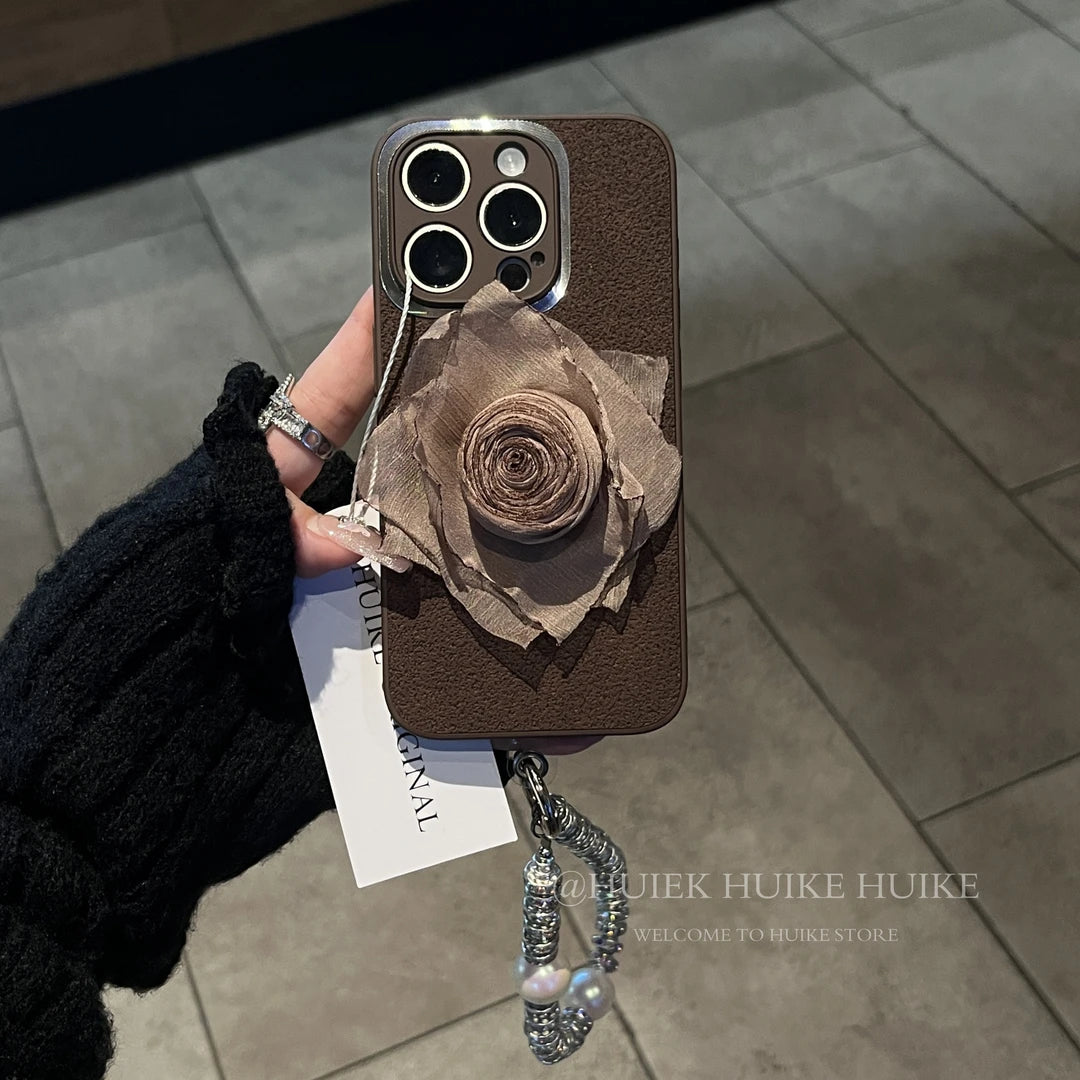 HANDMADE BROWN ROSE Leather Phone Case with Phone Charm Strap